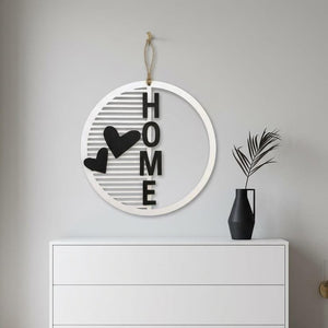 Moderner HOME Türkranz aus Holz – Personalisierter Wandkranz mit Herzen – Individuelle Farbwahl & viele Größen (20–50 cm) – Einzugsgeschenk