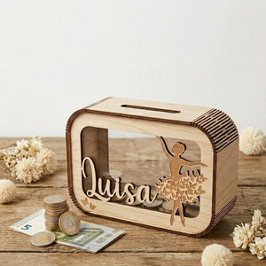 Personalisierte Ballerina Spardose aus Holz mit Namen – Handgefertigtes Geldgeschenk für kleine Tänzerinnen zur Geburt, Taufe & Geburtstag