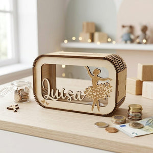 Personalisierte Ballerina Spardose aus Holz mit Namen – Handgefertigtes Geldgeschenk für kleine Tänzerinnen zur Geburt, Taufe & Geburtstag