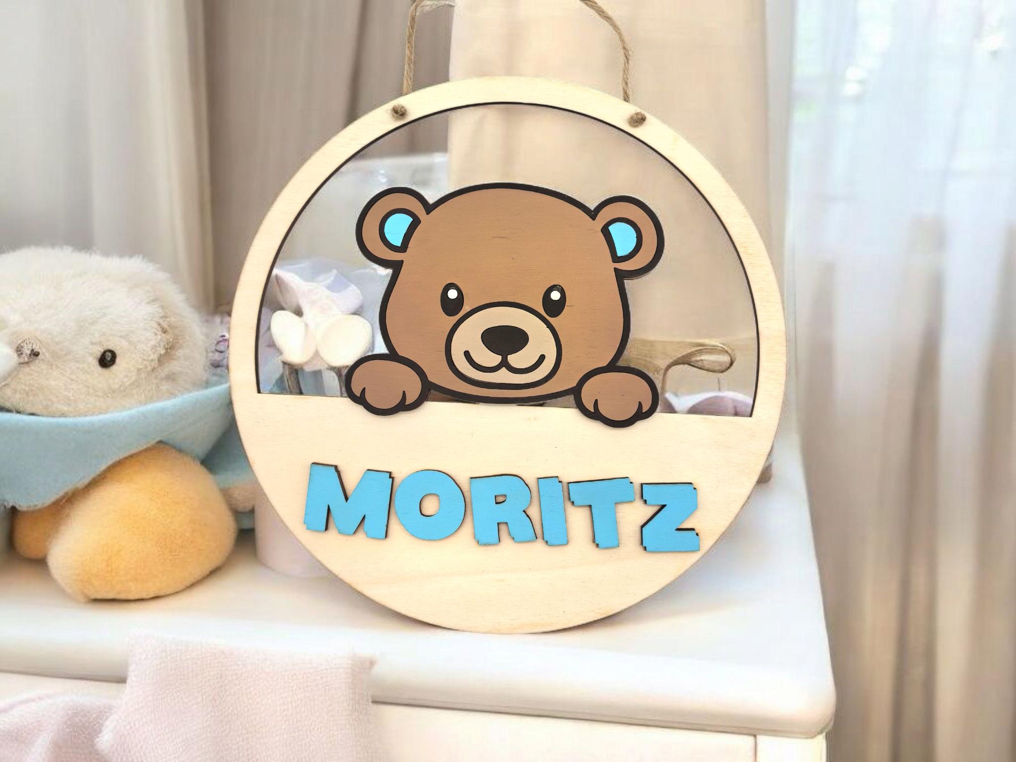 personalisiertes Teddy Türschild fürs Kinderzimmer, gefertigt in deinen Wunschfarben, Geschenk zur Taufe, Geburt, Kindergeburtstag