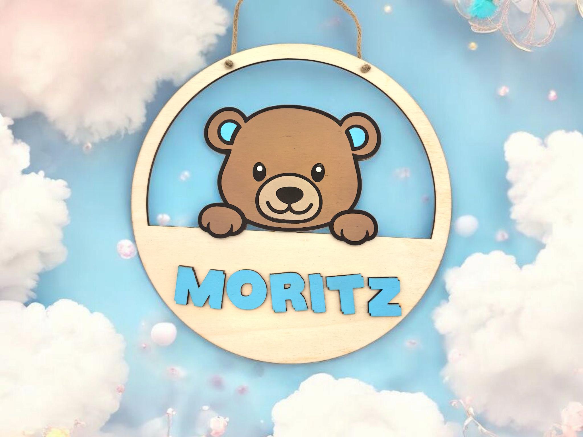 personalisiertes Teddy Türschild fürs Kinderzimmer, gefertigt in deinen Wunschfarben, Geschenk zur Taufe, Geburt, Kindergeburtstag