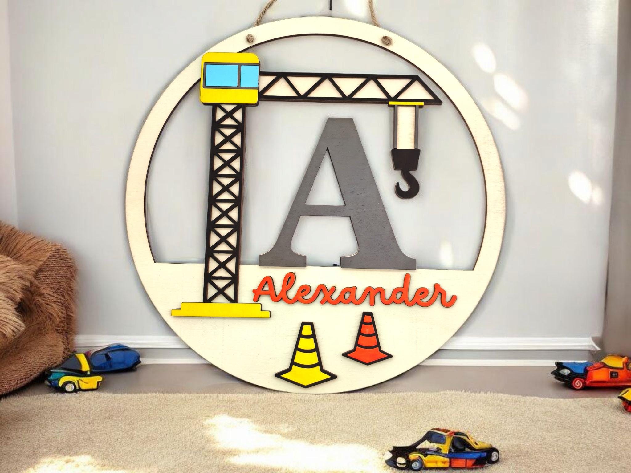 personalisiertes Kran Türschild fürs Kinderzimmer, gefertigt in deinen Wunschfarben, Geschenk zur Taufe, Geburt, Kindergeburtstag, Baustelle