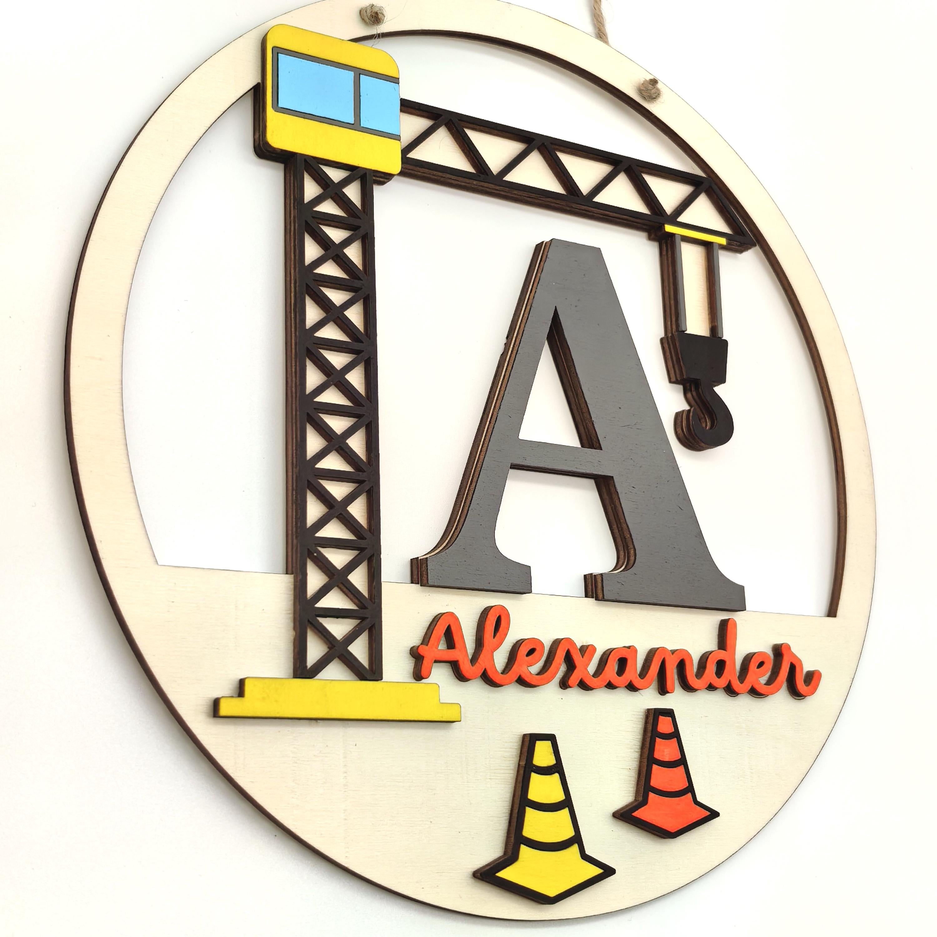 personalisiertes Kran Türschild fürs Kinderzimmer, gefertigt in deinen Wunschfarben, Geschenk zur Taufe, Geburt, Kindergeburtstag, Baustelle