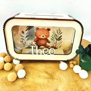 Süße Teddy Spardose personalisiert mit Namen in Wunschfarben, Sparbüchse, Sparschwein, Geldgeschenk, Geschenk zur Geburt, Taufe, Geburtstag