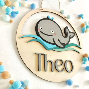 personalisiertes Wal Türschild fürs Kinderzimmer, gefertigt in deinen Wunschfarben, Geschenk zur Taufe, Geburt, Kindergeburtstag, Walfisch