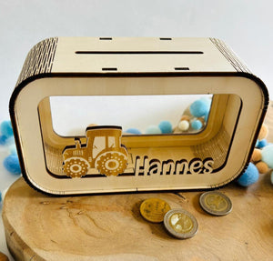 Traktor Spardose personalisiert mit Namen, Sparbüchse, Sparschwein, Geldgeschenk, Geschenk zur Geburt, Taufe, Geburtstag, Trecker