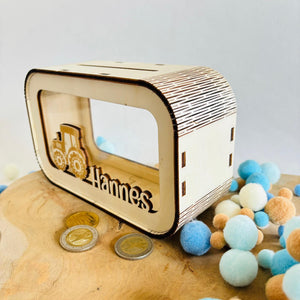 Traktor Spardose personalisiert mit Namen, Sparbüchse, Sparschwein, Geldgeschenk, Geschenk zur Geburt, Taufe, Geburtstag, Trecker