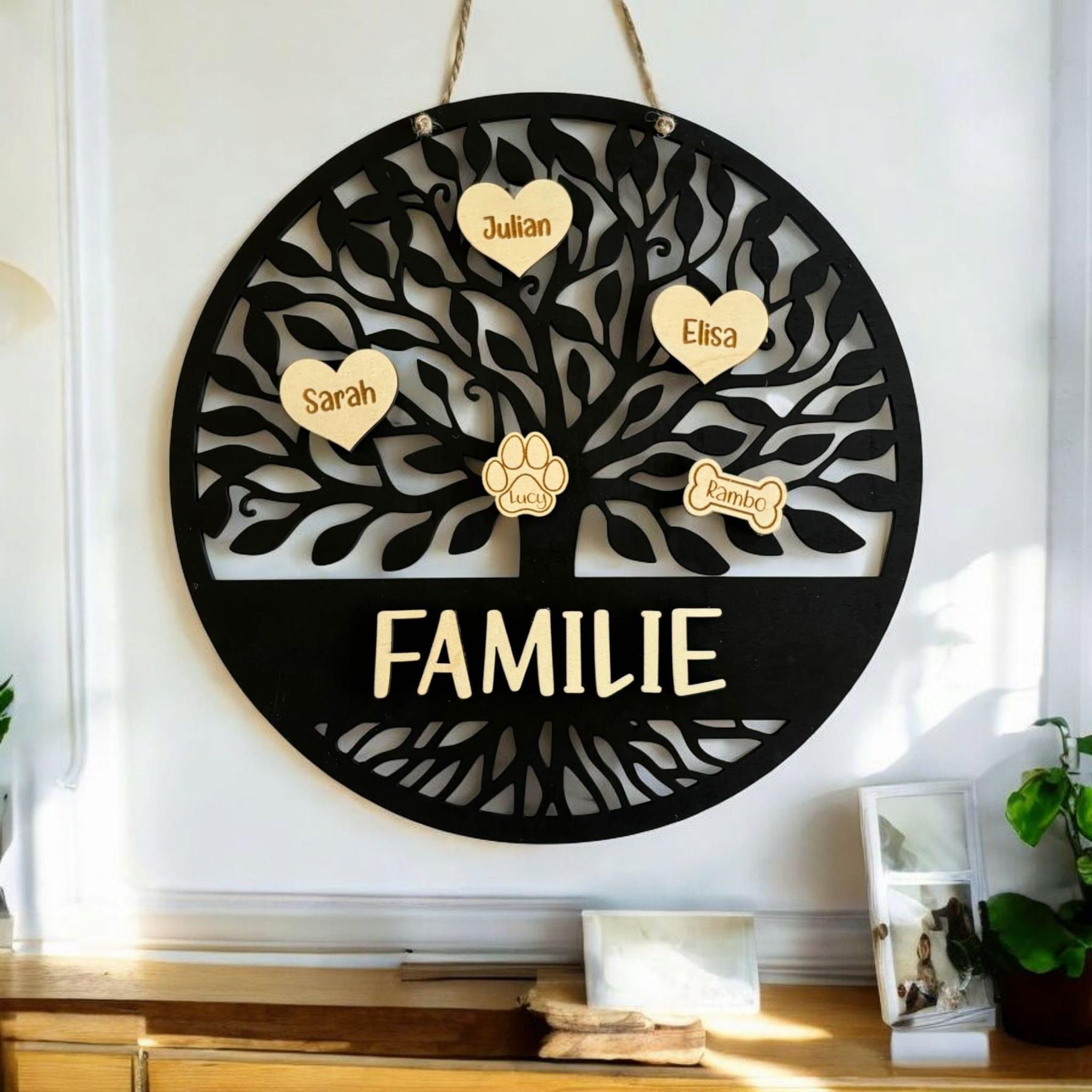 personalisierter Türkranz Baum des Lebens mit Familiennamen, Geschenk Hochzeit, Einzug, Türschild, Haustier, Familienstammbaum