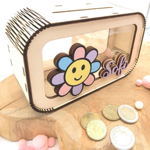 Blumen Spardose personalisiert mit Namen in Wunschfarben, Sparbüchse, Sparschwein, Geldgeschenk, Geschenk Geburt, Taufe, Geburtstag, Daisy