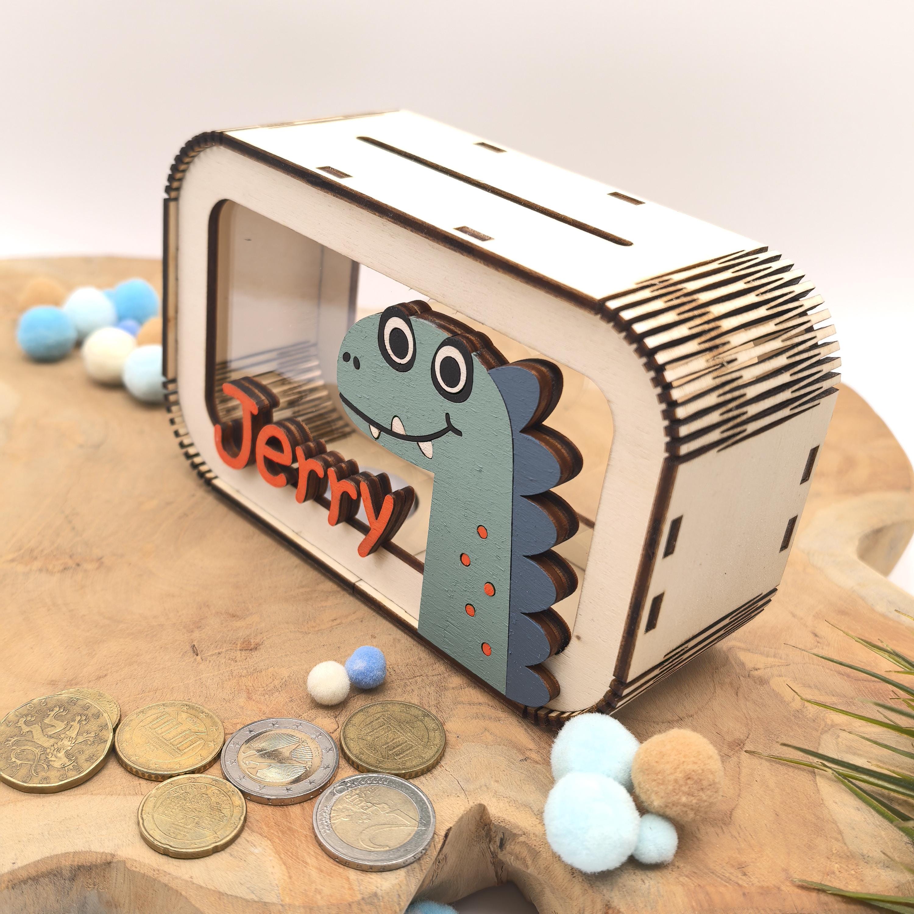 Dino Spardose personalisiert mit Namen in Wunschfarben, Sparbüchse, Sparschwein, Geldgeschenk, Geschenk Geburt, Taufe Geburtstag Dinosaurier