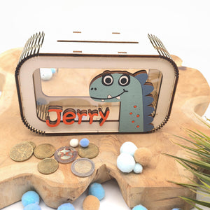 Dino Spardose personalisiert mit Namen in Wunschfarben, Sparbüchse, Sparschwein, Geldgeschenk, Geschenk Geburt, Taufe Geburtstag Dinosaurier