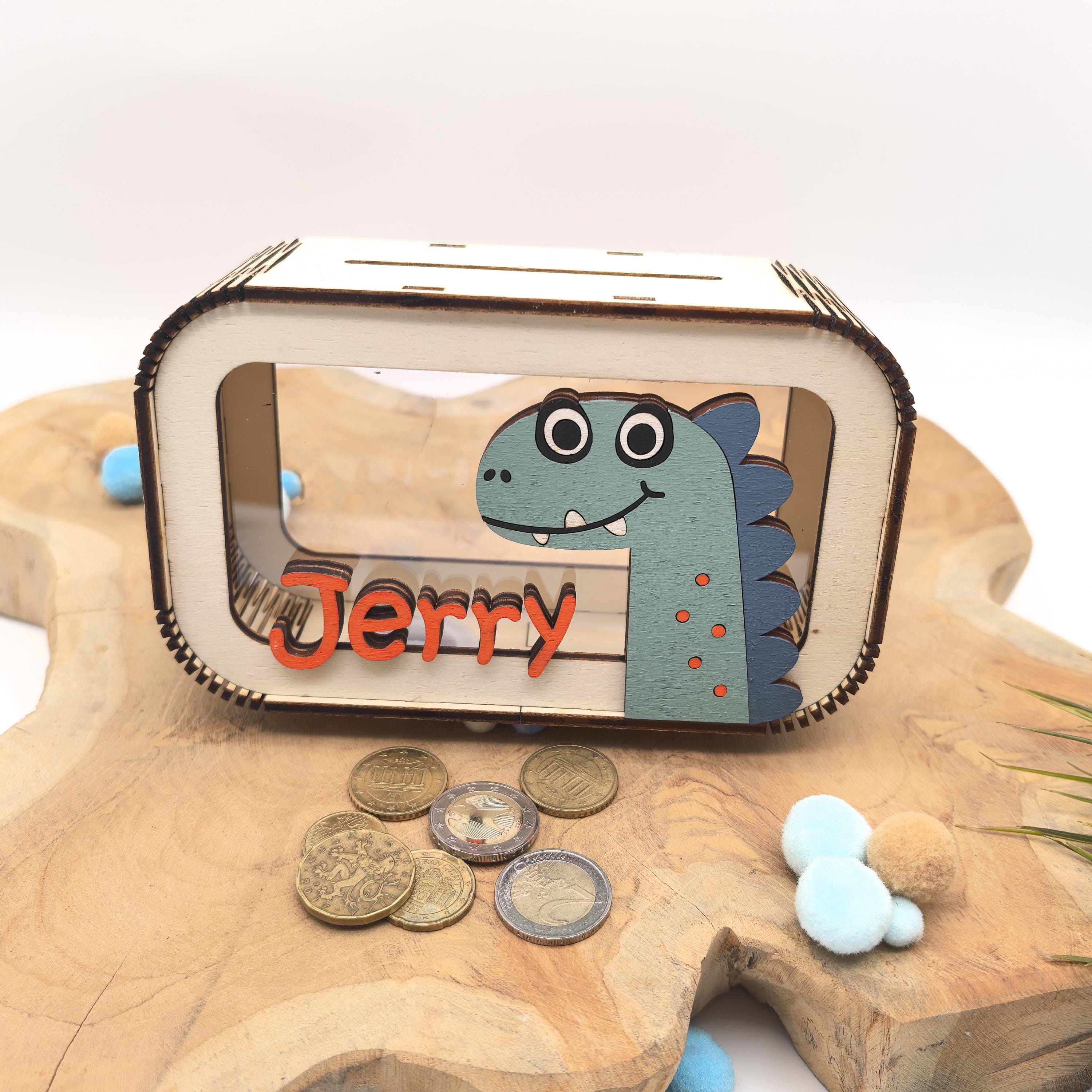 Dino Spardose personalisiert mit Namen in Wunschfarben, Sparbüchse, Sparschwein, Geldgeschenk, Geschenk Geburt, Taufe Geburtstag Dinosaurier