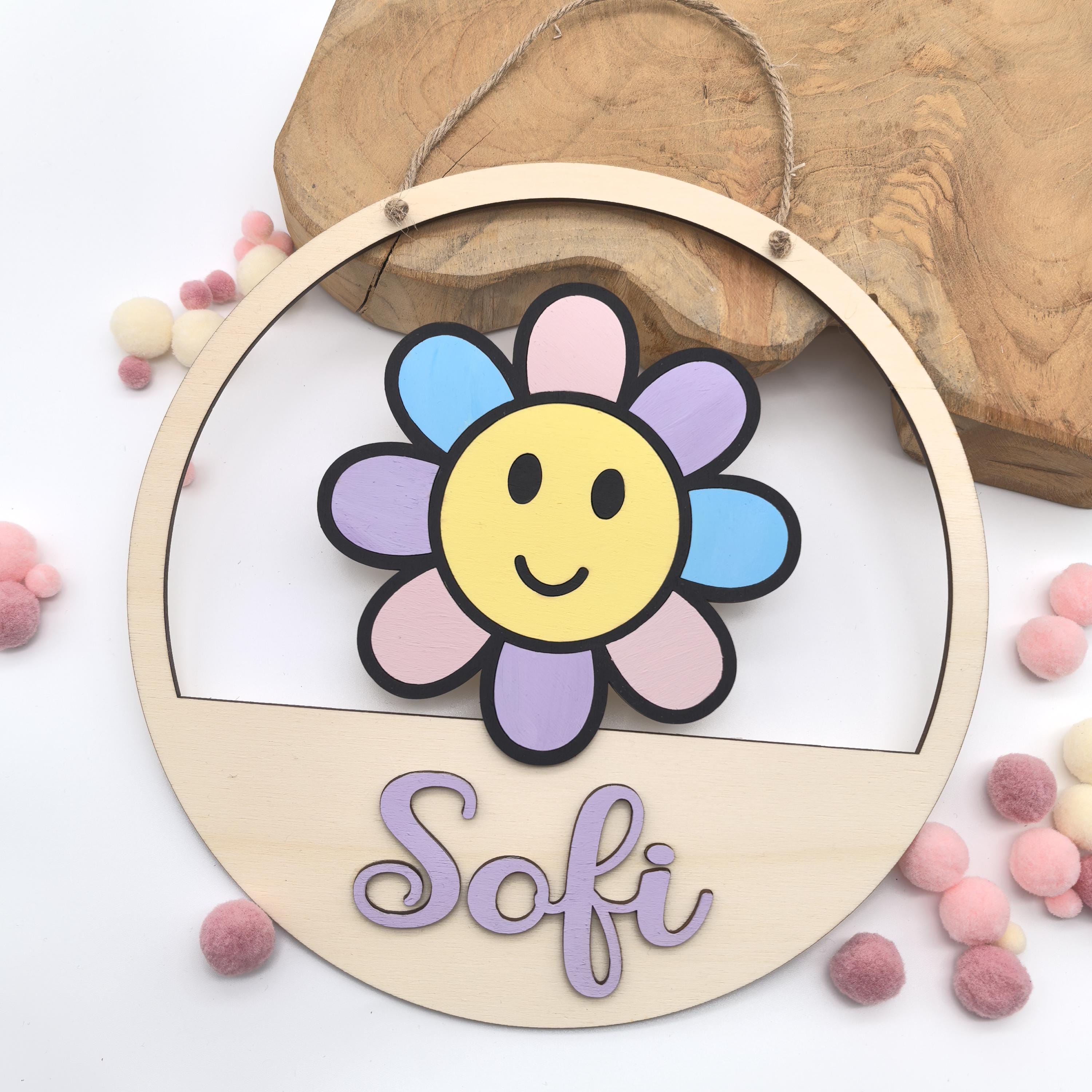Blumen Türschild personalisiert fürs Kinderzimmer, gefertigt in Wunschfarben, Geschenk Taufe, Geburt, Kindergeburtstag, Daisy, Sonnenblume