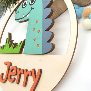 Dino Türschild personalisiert fürs Kinderzimmer, gefertigt in Wunschfarben, Geschenk Taufe, Geburt, Kindergeburtstag, Dinosaurier, Trex