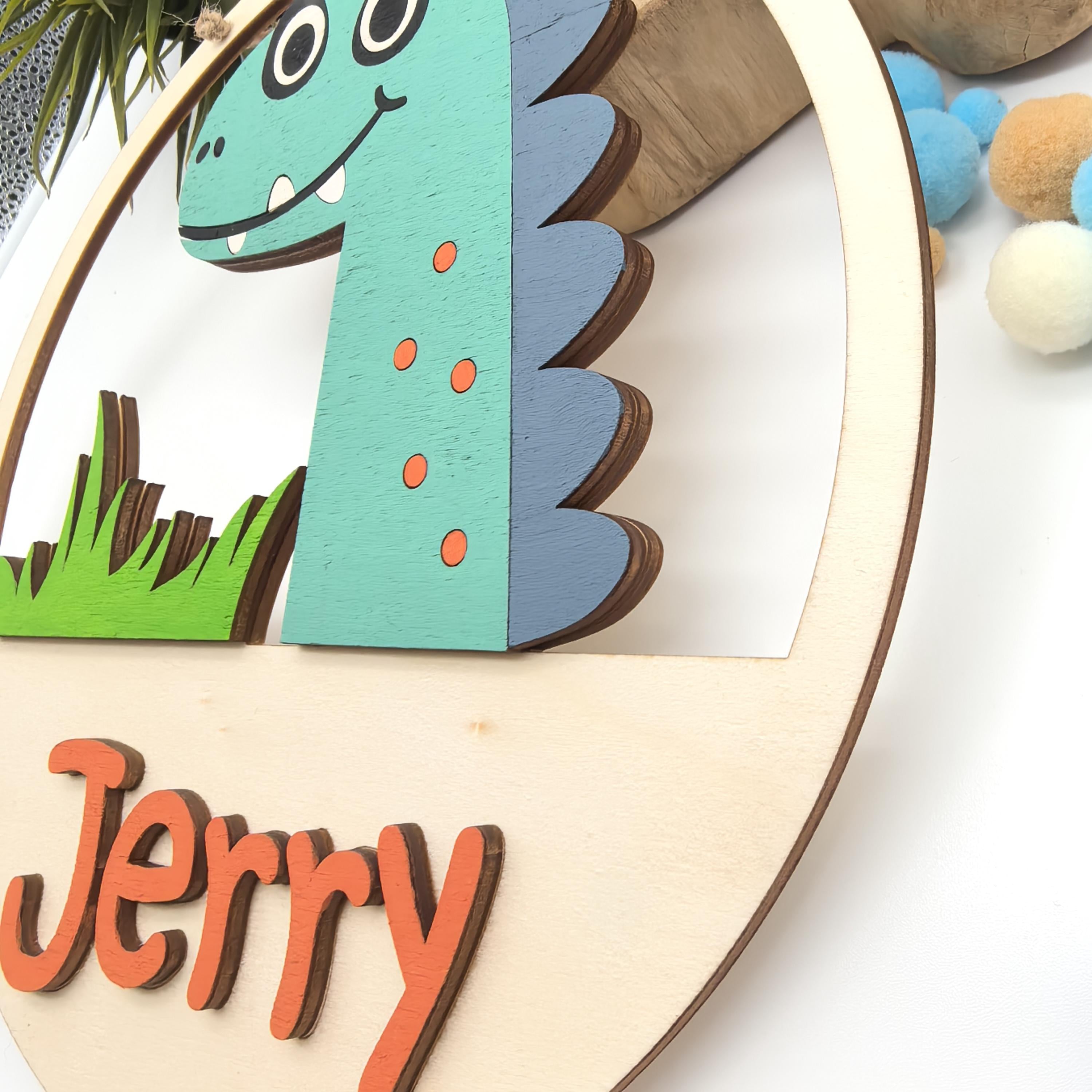 Dino Türschild personalisiert fürs Kinderzimmer, gefertigt in Wunschfarben, Geschenk Taufe, Geburt, Kindergeburtstag, Dinosaurier, Trex