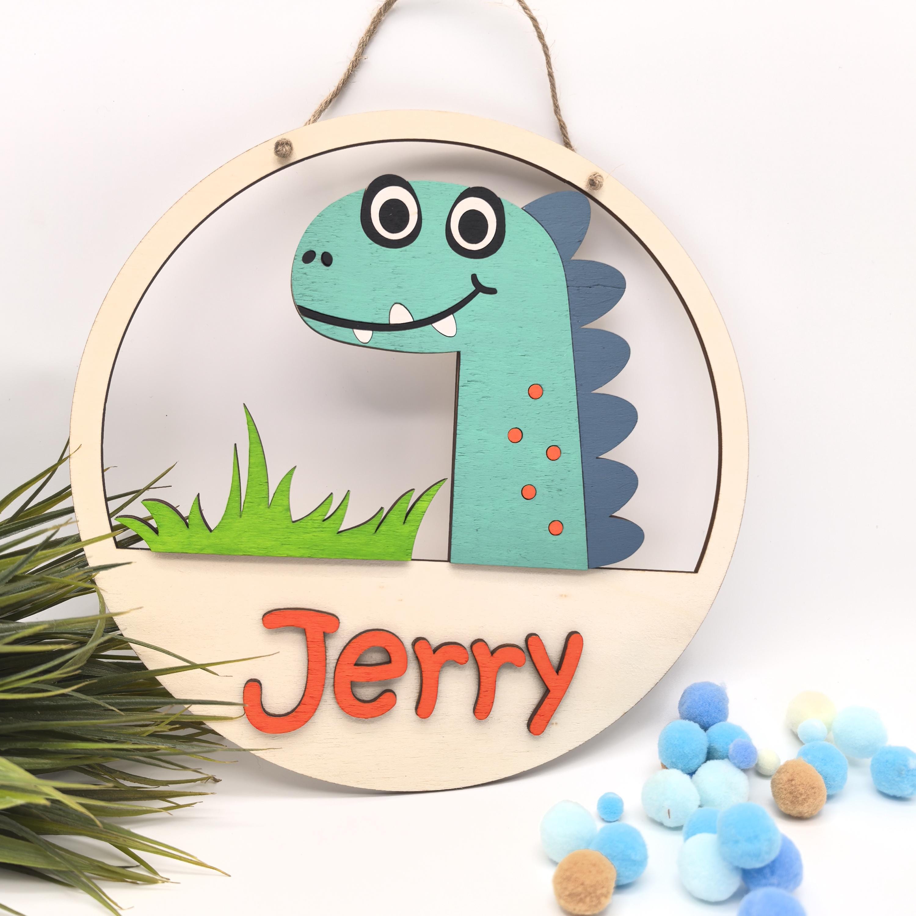 Dino Türschild personalisiert fürs Kinderzimmer, gefertigt in Wunschfarben, Geschenk Taufe, Geburt, Kindergeburtstag, Dinosaurier, Trex