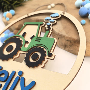 Türschild Traktor personalisiert fürs Kinderzimmer, gefertigt in Wunschfarben, Geschenk Taufe, Geburt, Kindergeburtstag Trecker Namensschild