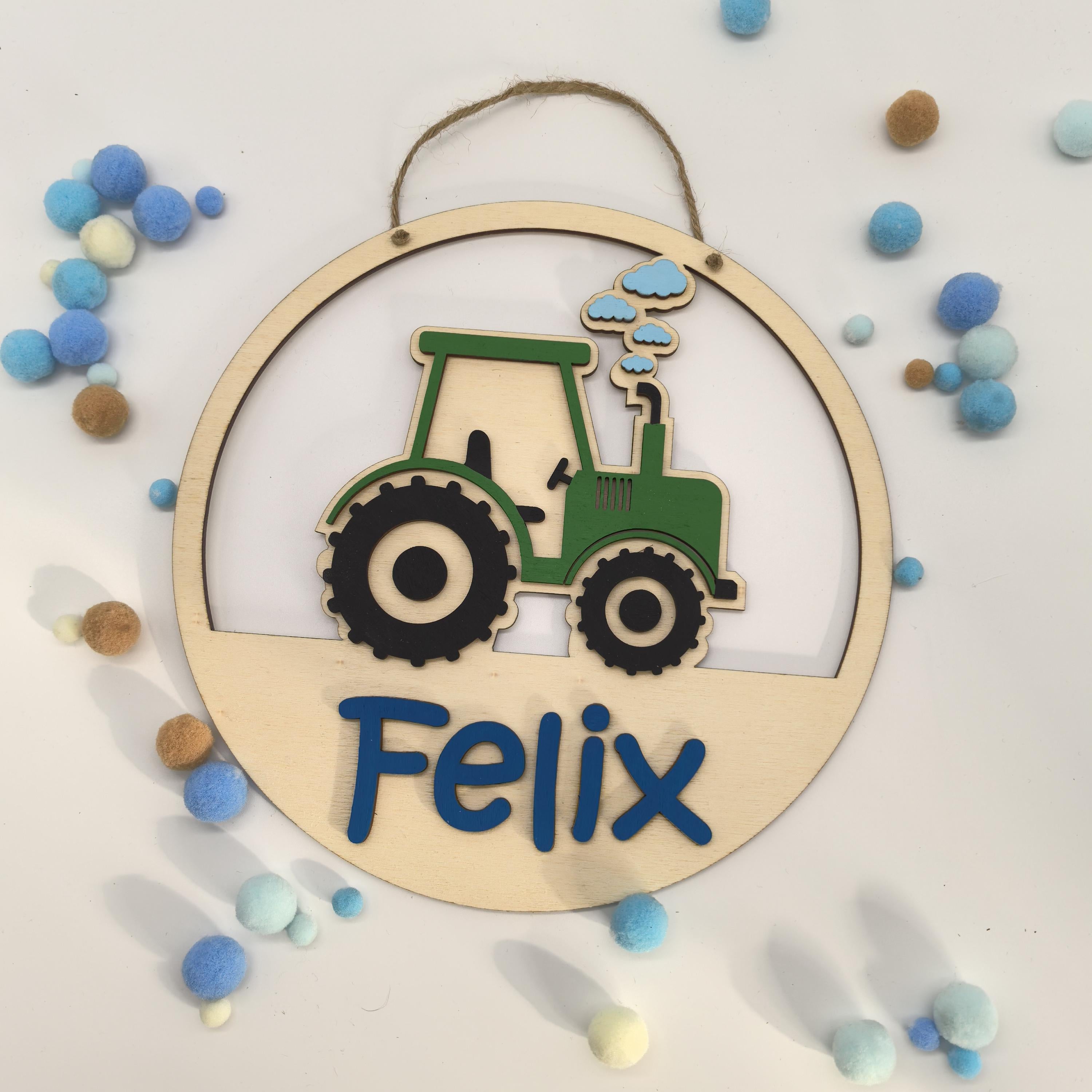 Türschild Traktor personalisiert fürs Kinderzimmer, gefertigt in Wunschfarben, Geschenk Taufe, Geburt, Kindergeburtstag Trecker Namensschild