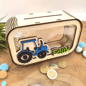 Traktor Spardose personalisiert mit Namen in Wunschfarben, Sparbüchse, Sparschwein, Geldgeschenk, Geschenk Geburt, Taufe, Geburtstag Trecker
