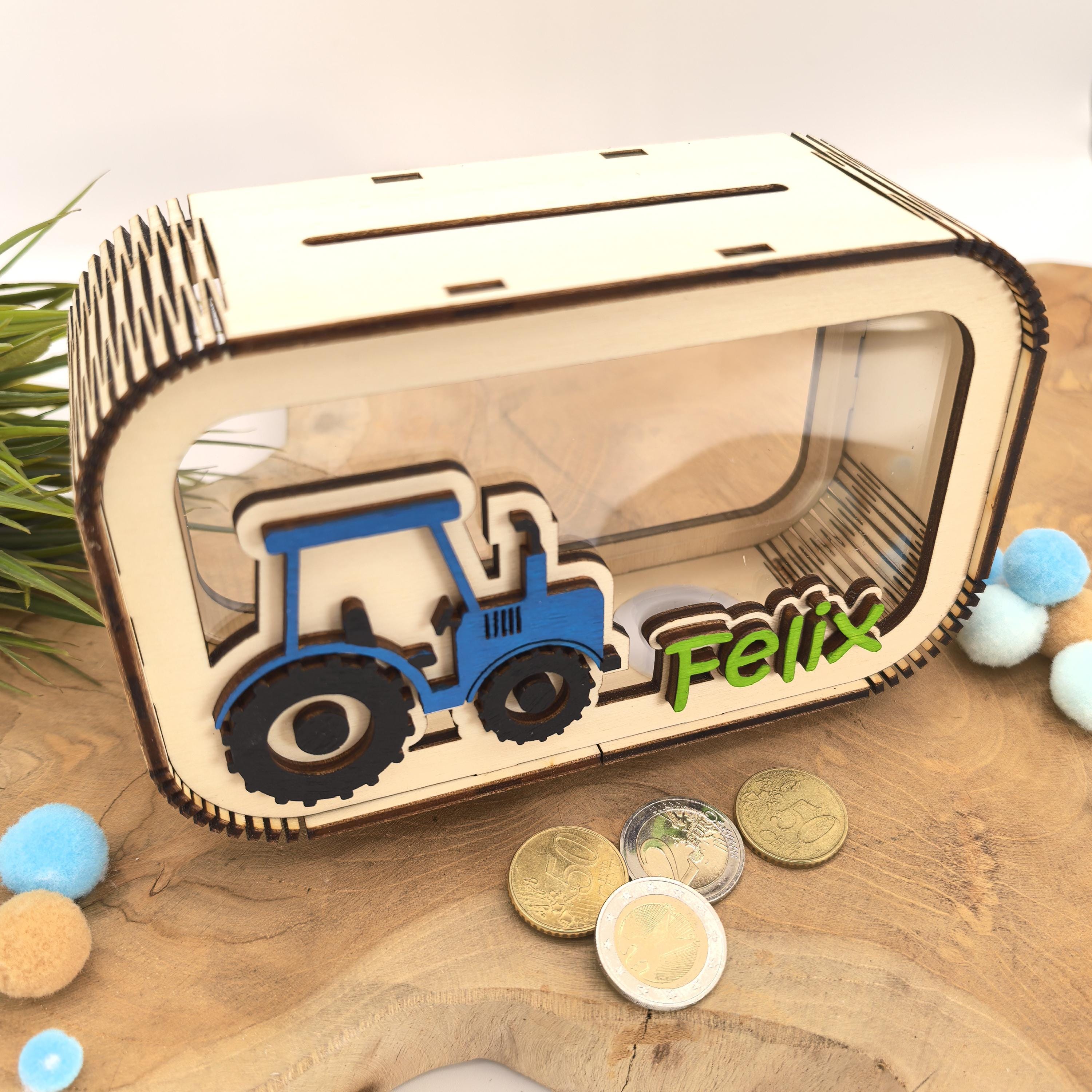 Traktor Spardose personalisiert mit Namen in Wunschfarben, Sparbüchse, Sparschwein, Geldgeschenk, Geschenk Geburt, Taufe, Geburtstag Trecker
