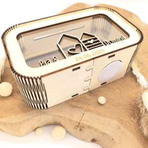 Spardose Hochzeitsgeschenk personalisiert mit Name und Datum, Geldgeschenk, Sparschwein Geburtstagsgeschenk Freundin Ehefrau Einzugsgeschenk