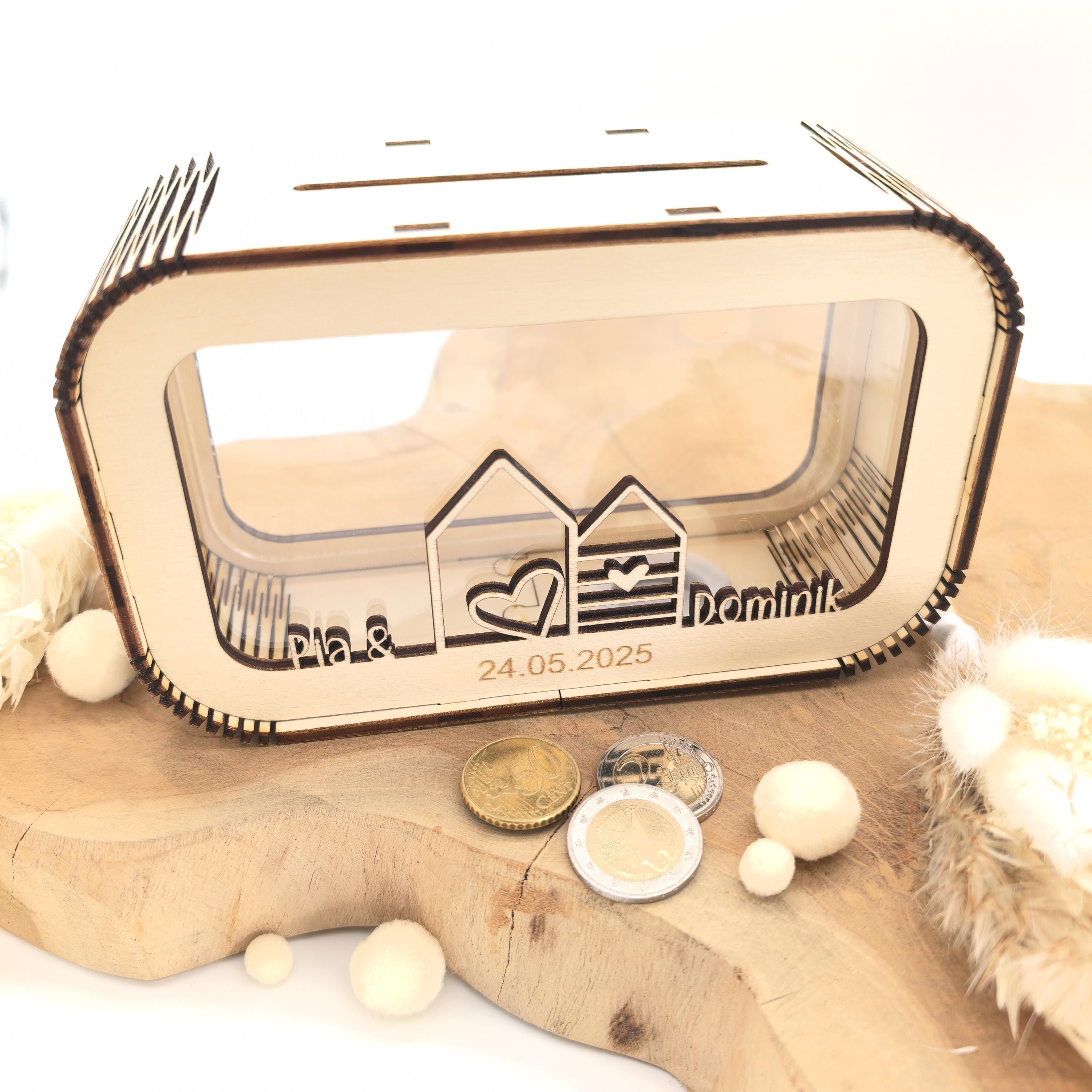 Spardose Hochzeitsgeschenk personalisiert mit Name und Datum, Geldgeschenk, Sparschwein Geburtstagsgeschenk Freundin Ehefrau Einzugsgeschenk