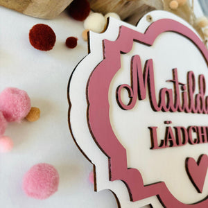 Süßes Namensschild für den Kaufladen, personalisiert mit Wunschtext und in deinen Wunschfarben, Kinderzimmer, Türschild, Namensschild