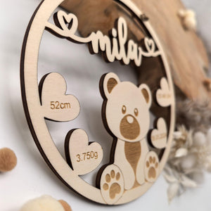 Namensschild mit Geburtsdaten aus Holz mit süßen Teddy, personalisiertes Geschenk zur Geburt / Taufe, Kinder Geburtstag, Baby Shower