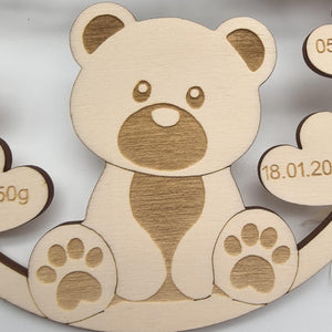 Namensschild mit Geburtsdaten aus Holz mit süßen Teddy, personalisiertes Geschenk zur Geburt / Taufe, Kinder Geburtstag, Baby Shower