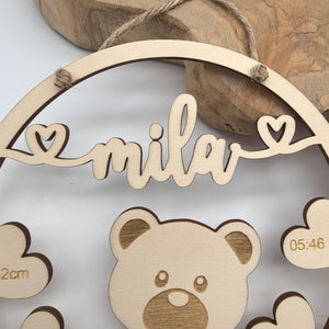 Namensschild mit Geburtsdaten aus Holz mit süßen Teddy, personalisiertes Geschenk zur Geburt / Taufe, Kinder Geburtstag, Baby Shower