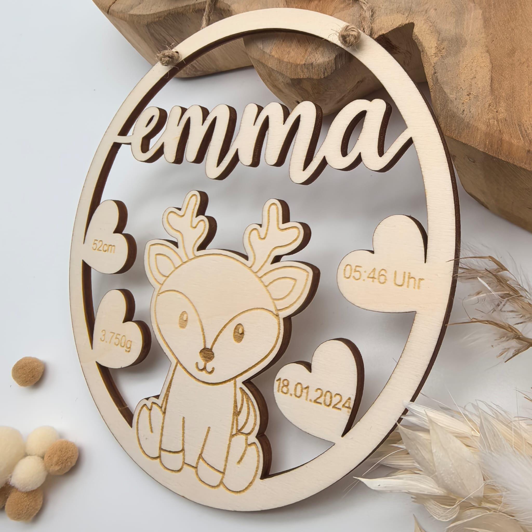 Namensschild mit Geburtsdaten aus Holz , 61 süße Tiermotive, personalisiertes Geschenk zur Geburt / Taufe, Kinder Geburtstag, Baby Shower