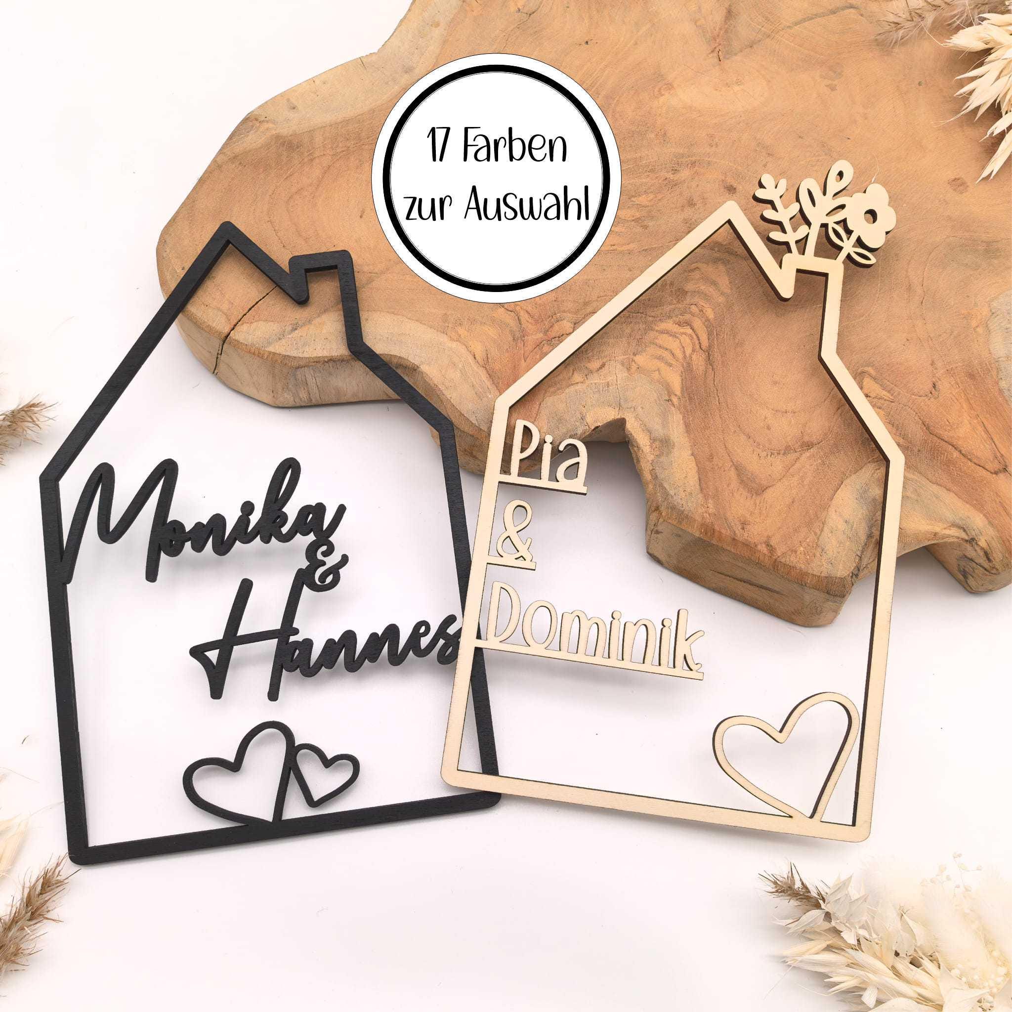 Haus mit Namen, Holzhaus personalisiert, 4mm Holz personalisierte Deko Wand Einzugsgeschenk, Türschild Familie, Geburtstagsgeschenk Hochzeit