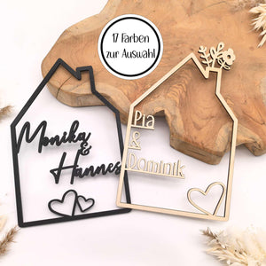 Haus mit Namen, Holzhaus personalisiert, 4mm Holz personalisierte Deko Wand Einzugsgeschenk, Türschild Familie, Geburtstagsgeschenk Hochzeit