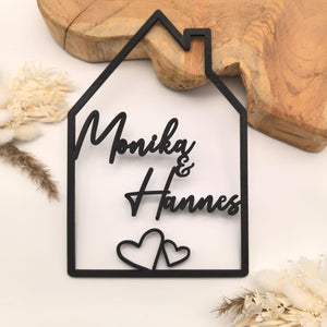 Haus mit Namen, Holzhaus personalisiert, 4mm Holz personalisierte Deko Wand Einzugsgeschenk, Türschild Familie, Geburtstagsgeschenk Hochzeit