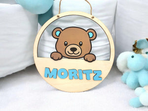 personalisiertes Teddy Türschild fürs Kinderzimmer, gefertigt in deinen Wunschfarben, Geschenk zur Taufe, Geburt, Kindergeburtstag
