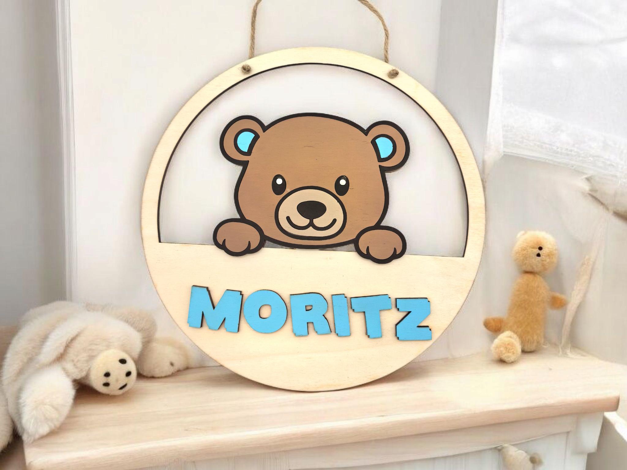 personalisiertes Teddy Türschild fürs Kinderzimmer, gefertigt in deinen Wunschfarben, Geschenk zur Taufe, Geburt, Kindergeburtstag