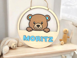 personalisiertes Teddy Türschild fürs Kinderzimmer, gefertigt in deinen Wunschfarben, Geschenk zur Taufe, Geburt, Kindergeburtstag