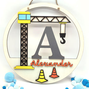 personalisiertes Kran Türschild fürs Kinderzimmer, gefertigt in deinen Wunschfarben, Geschenk zur Taufe, Geburt, Kindergeburtstag, Baustelle