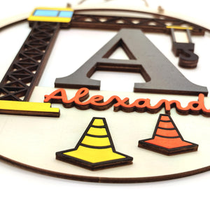 personalisiertes Kran Türschild fürs Kinderzimmer, gefertigt in deinen Wunschfarben, Geschenk zur Taufe, Geburt, Kindergeburtstag, Baustelle