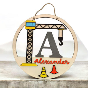 personalisiertes Kran Türschild fürs Kinderzimmer, gefertigt in deinen Wunschfarben, Geschenk zur Taufe, Geburt, Kindergeburtstag, Baustelle