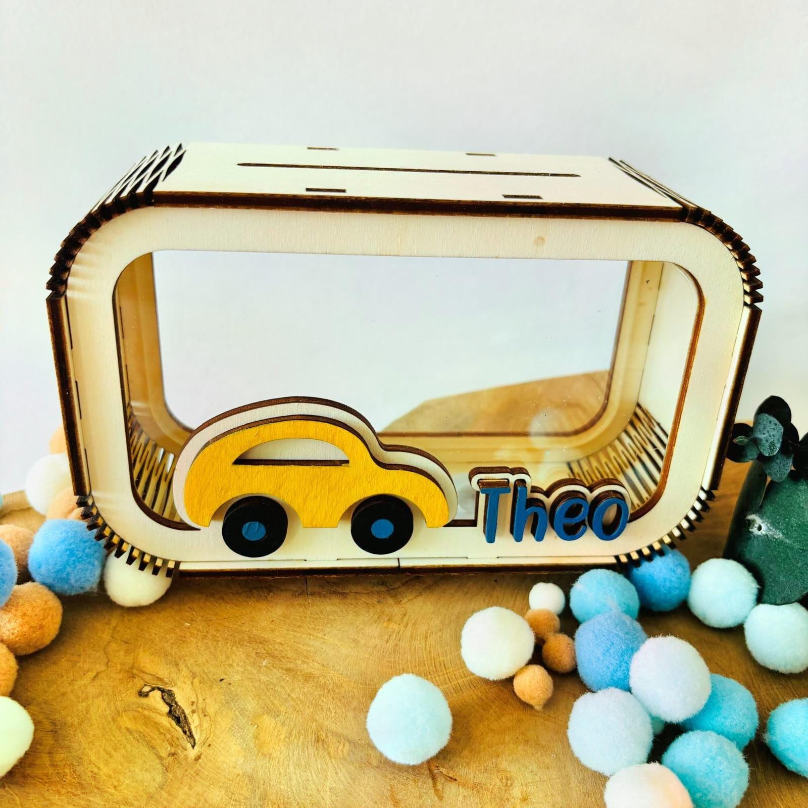 Auto Spardose personalisiert mit Namen in Wunschfarben, Sparbüchse, Sparschwein, Geldgeschenk, Geschenk zur Geburt, Taufe, Geburtstag