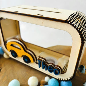 Auto Spardose personalisiert mit Namen in Wunschfarben, Sparbüchse, Sparschwein, Geldgeschenk, Geschenk zur Geburt, Taufe, Geburtstag