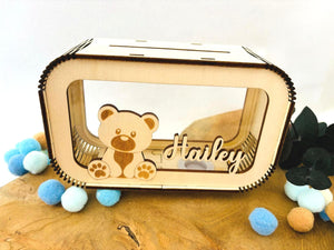 Süße Teddy Spardose personalisiert mit Namen in Wunschfarben, Sparbüchse, Sparschwein, Geldgeschenk, Geschenk zur Geburt, Taufe, Geburtstag