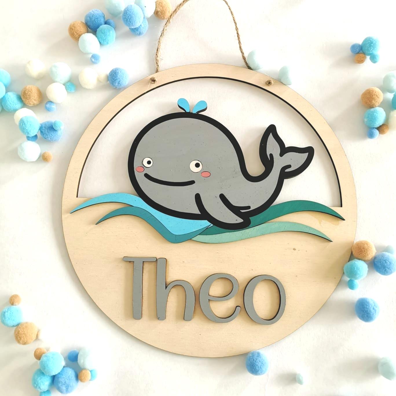 personalisiertes Wal Türschild fürs Kinderzimmer, gefertigt in deinen Wunschfarben, Geschenk zur Taufe, Geburt, Kindergeburtstag, Walfisch