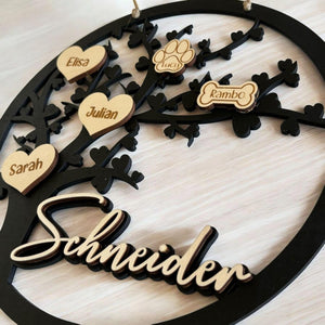 personalisierter Türkranz Baum mit Familiennamen, Geschenk Hochzeit, Einzug, Türschild, Haustier, Familienstammbaum, Hund, Katze, Geburtstag
