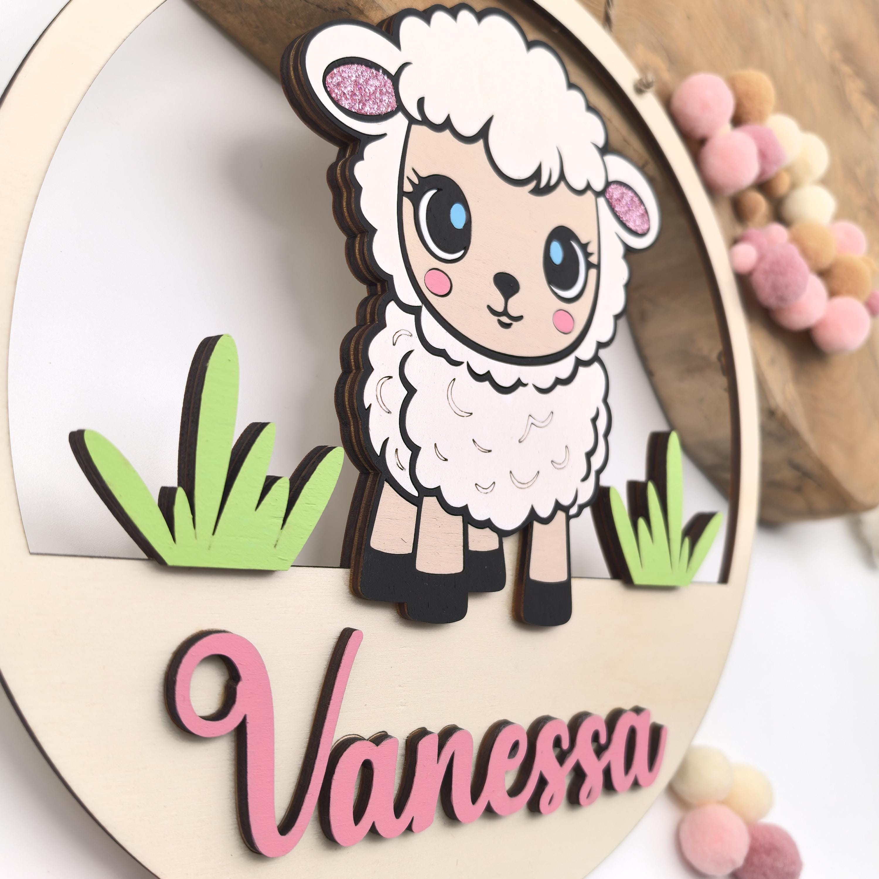 Süßes Schaf Türschild personalisiert fürs Kinderzimmer, gefertigt in Wunschfarben, Geschenk Taufe, Geburt, Kindergeburtstag, Schäfchen