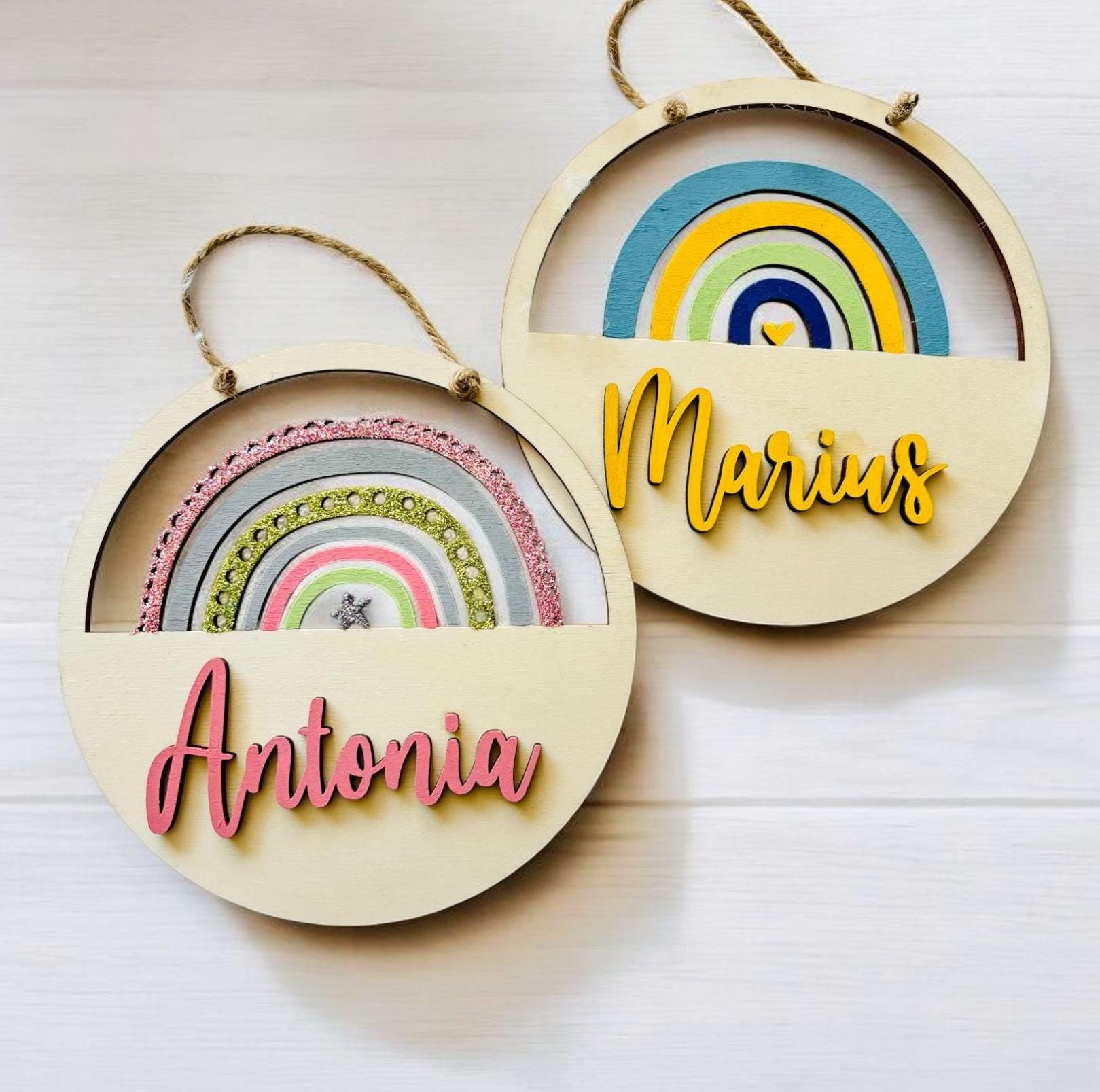 Regenbogen Türschild personalisiert, gefertigt in Wunschfarben, Geburtstagsgeschenk, Geschenk Taufe, Geburt, Kindergeburtstag, Namensschild