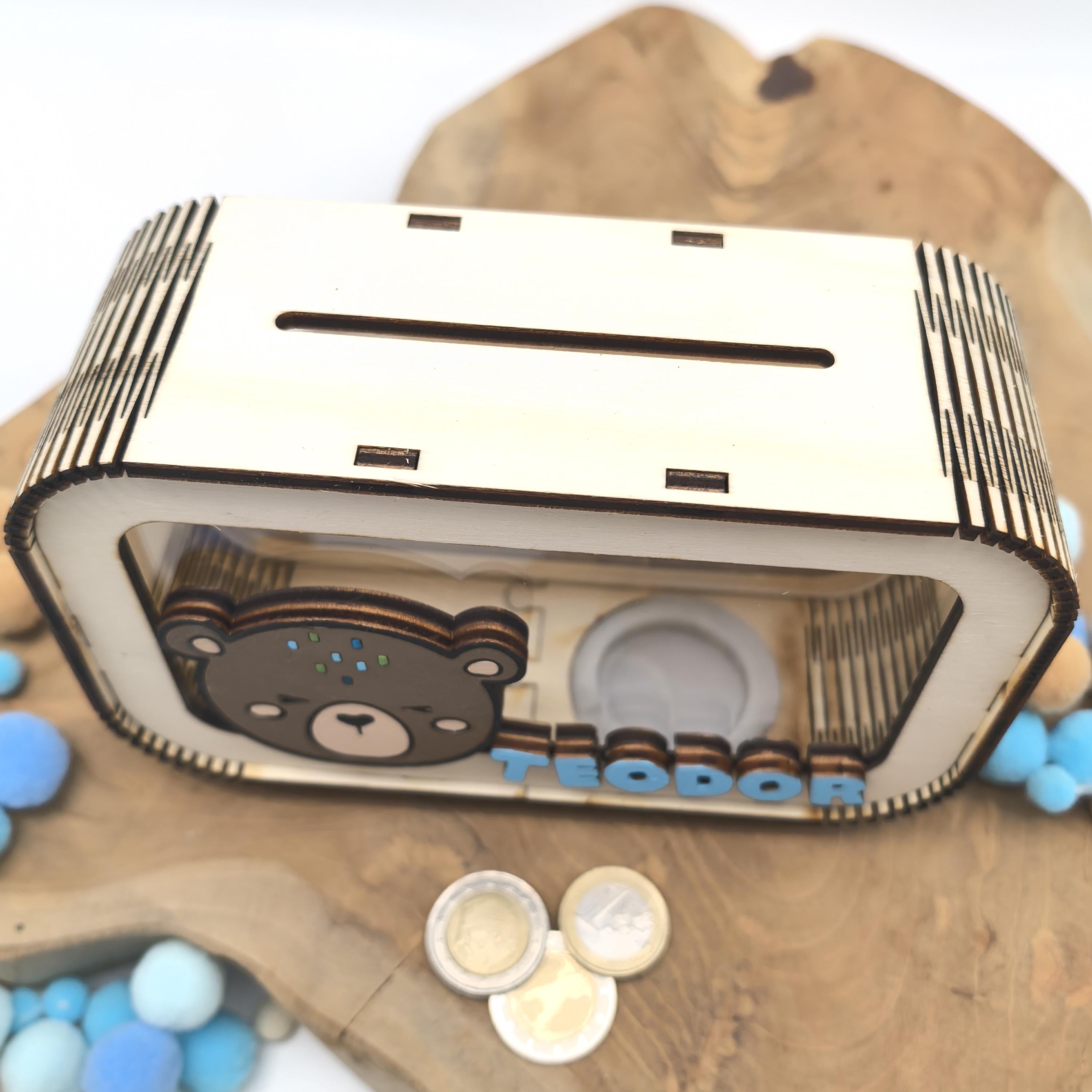 Bär Spardose personalisiert mit Namen in Wunschfarben, Sparbüchse, Sparschwein, Geldgeschenk, Geschenk Geburt, Taufe, Geburtstag, Teddy