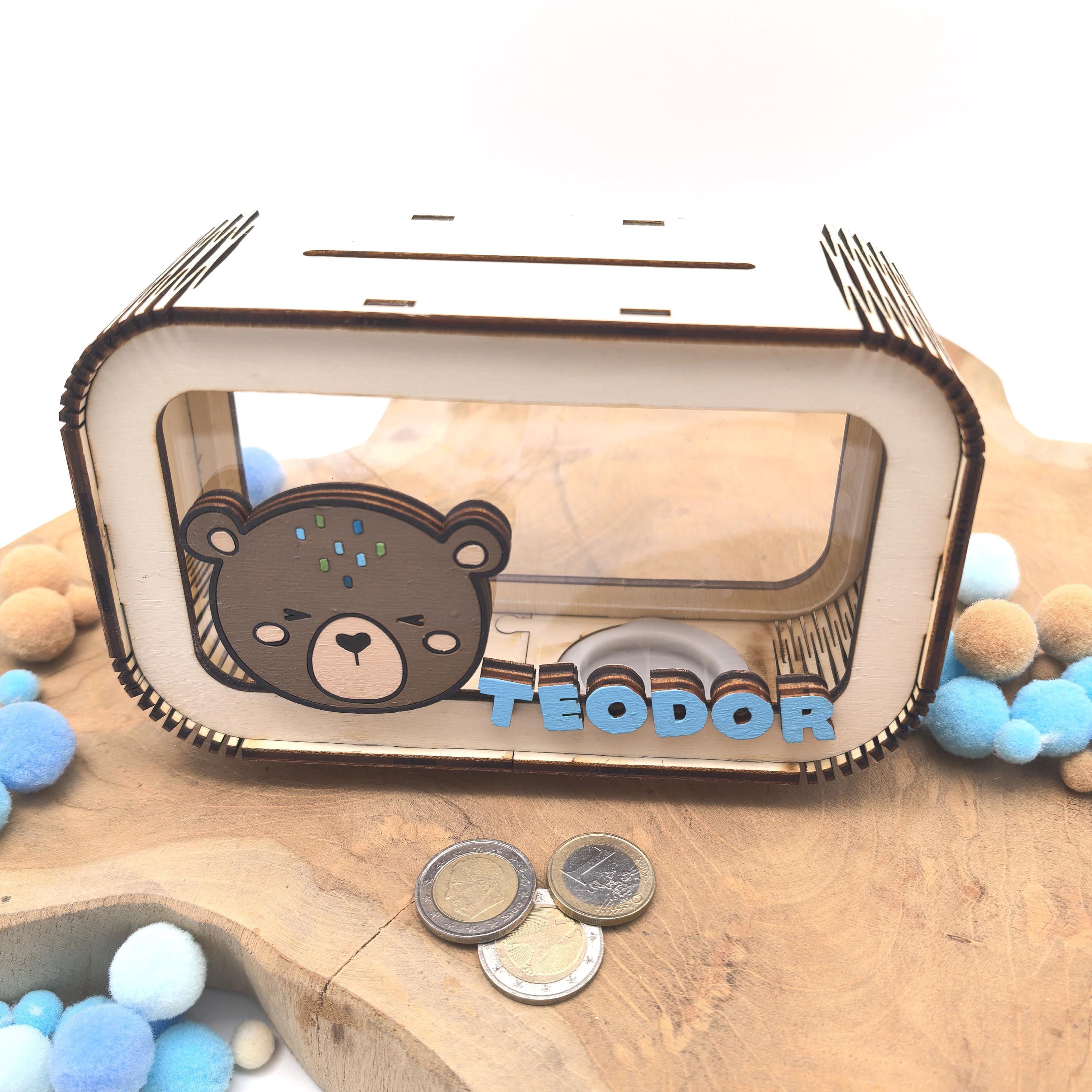 Bär Spardose personalisiert mit Namen in Wunschfarben, Sparbüchse, Sparschwein, Geldgeschenk, Geschenk Geburt, Taufe, Geburtstag, Teddy