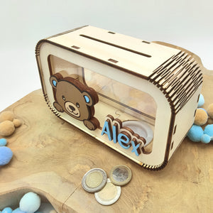Bär Spardose personalisiert mit Namen in Wunschfarben, Sparbüchse, Sparschwein, Geldgeschenk, Geschenk Geburt, Taufe, Geburtstag, Teddy